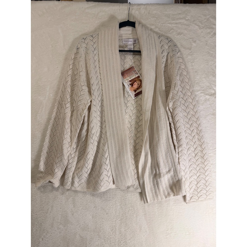 Susan Graver Style Cardigan Womens Large NWT Ivory Pointelle Knit Open Front L
